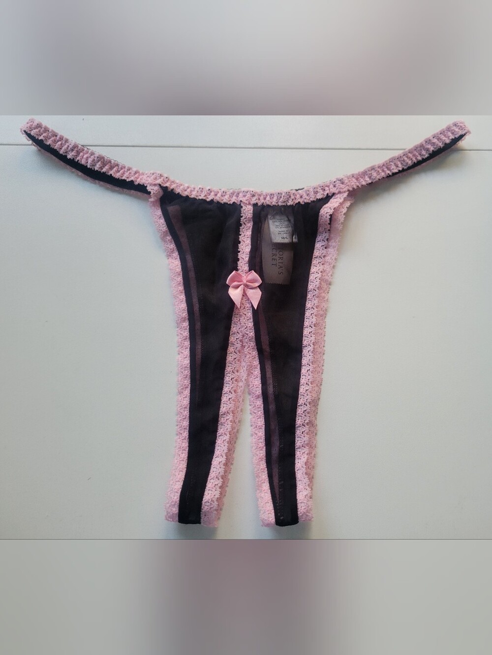 Victoria's Secret Black Sheer Thong with Pink Lace Trim and Bow 2015 NWT